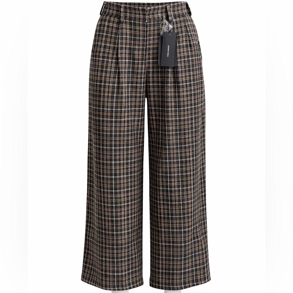 Vero Moda Black and Brown Plaid High-Waist Trousers NWT XS